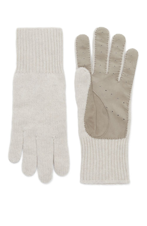 Shop Brunello Cucinelli Cashmere Knit Gloves With Suede Palm In Stone Grey