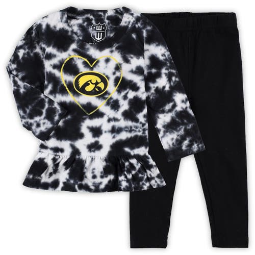 Girls Infant Wes & Willy Black Iowa Hawkeyes Tie-Dye Ruffle Raglan Long Sleeve T-Shirt & Leggings Set