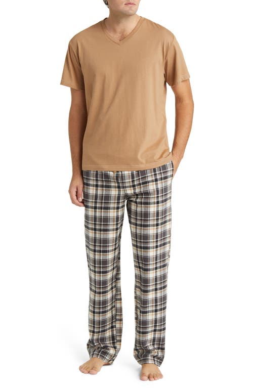 Majestic International V-Neck T-Shirt & Flannel Pajama Pants Set Tobacco at Nordstrom,