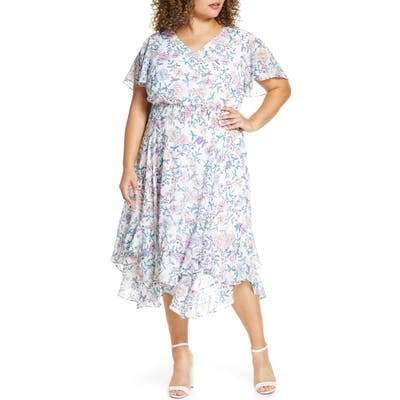 Plus Size Tahari Floral Chiffon Smocked Dress, Ivory