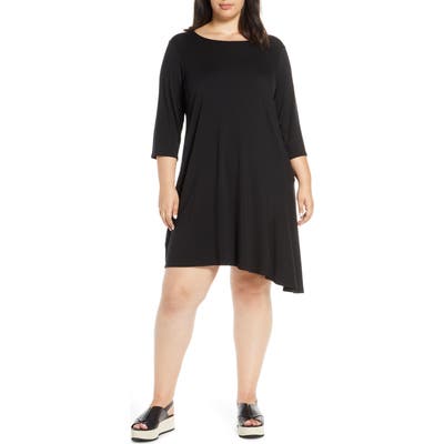 Plus Size Eileen Fisher Tencel Lyocell Blend Asymmetrical Dress, Black