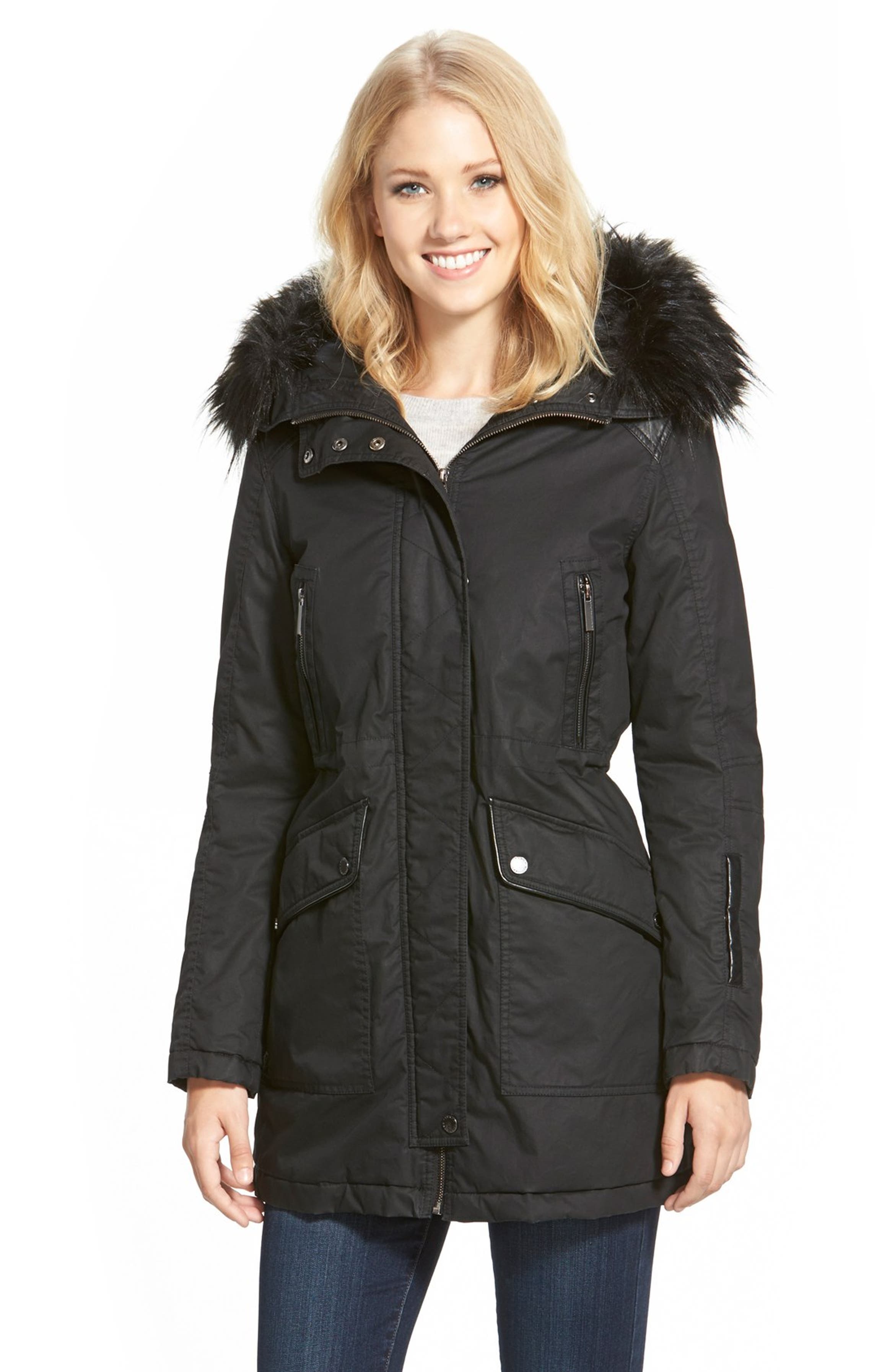 French Connection Waxed Cotton Parka with Faux Leather & Faux Fur Trim ...