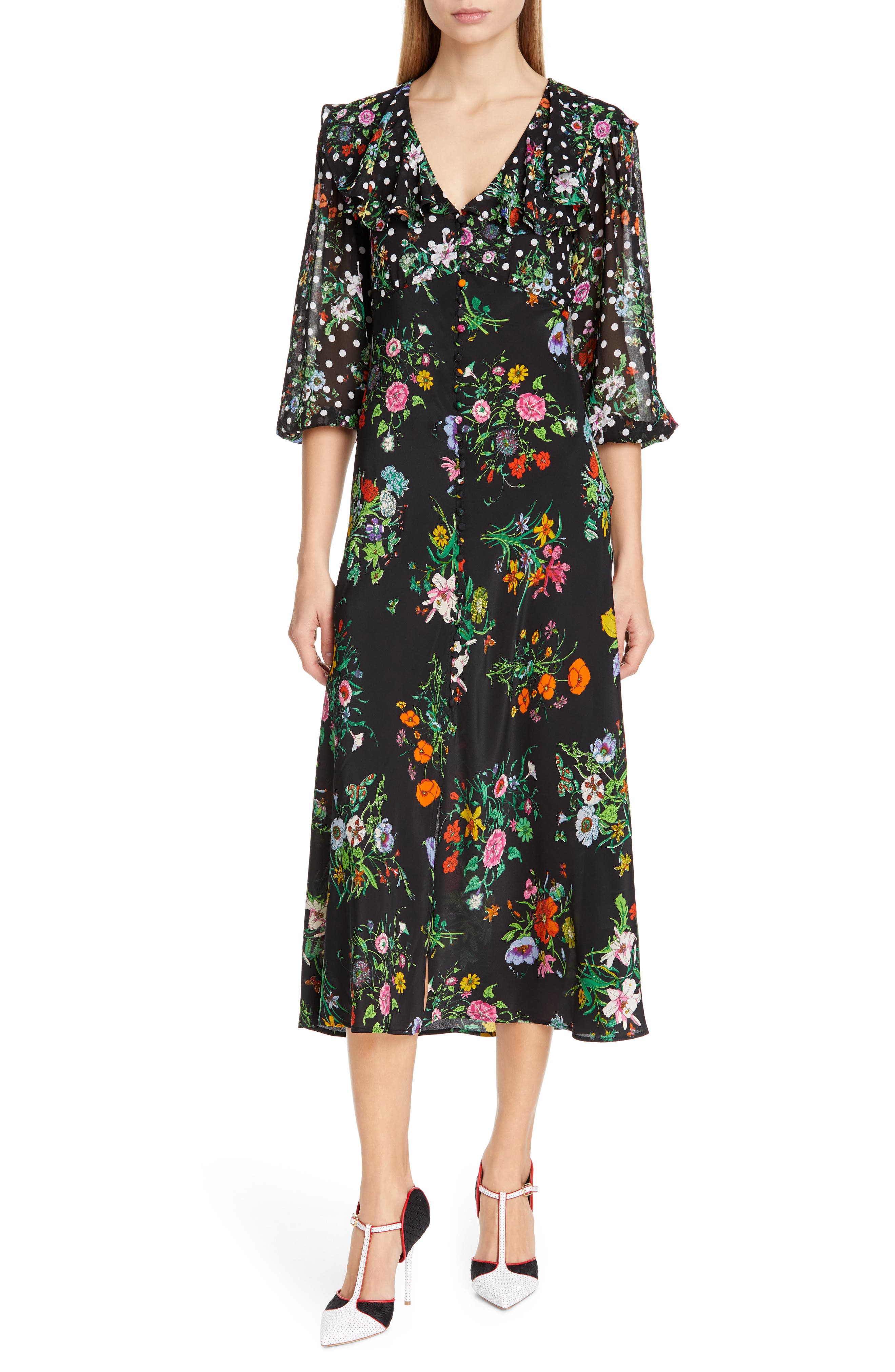 Rixo Bonnie Floral & Polka Dot Print Dress, US / 6 UK - Black
