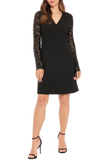 London Times Novelty Long Sleeve A-line Cocktail Dress In Black