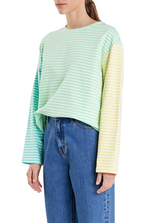 Colorblock Stripe Long Sleeve Stretch Cotton Top in Lime Multi