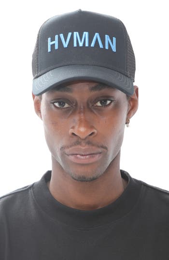 Shop Hvman Logo Trucker Hat In Black/indigo Bunting