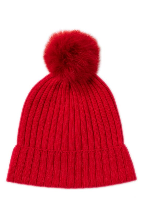 Amicale Cashmere Genuine Shearling Pompom Beanie In Red