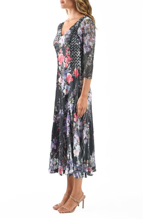 Komarov Lace Sleeve Charmuese & Chiffon Cocktail Midi Dress In Eternal Bloom