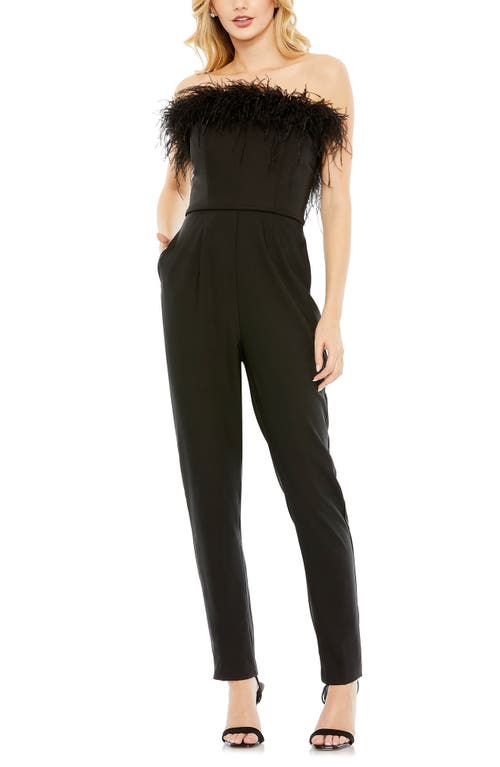 Feather Trim Strapless Jumpsuit in Black