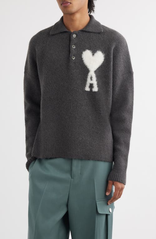 Shop Ami Alexandre Mattiussi Ami Paris Ami De Coeur Oversize Alpaca Blend Polo Sweater In Dark Grey