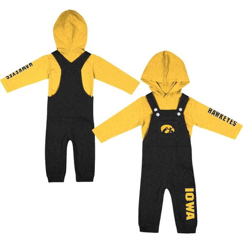 Newborn & Infant Colosseum Heathered Black/Heathered Gold Iowa Hawkeyes Chim-Chim Long Sleeve Hoodie T-Shirt & Overall Set in Heather Black at