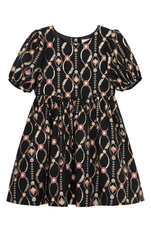 Peek Aren'T You Curious Kids' Infinity Vine Floral Print Puff Sleeve Dress in Black Print at Nordstrom, Size 2T