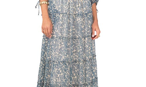 Shop 1.state Floral Tiered Chiffon Maxi Dress In Bluestone