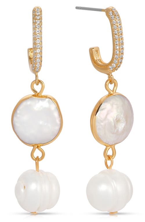 Cultured Freshwater Pearl Drop Huggie Hoop Earrings in Gold