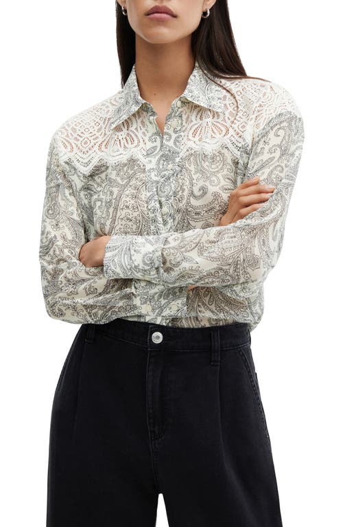 MANGO Paisley Print Lace Inset Button-Up Shirt Off White at Nordstrom,