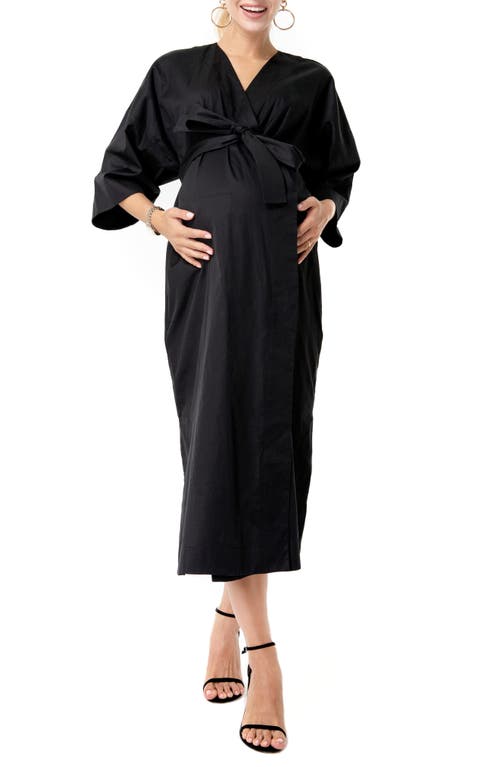 Tie Belt Maternity/Nursing Wrap Midi Dress in Black