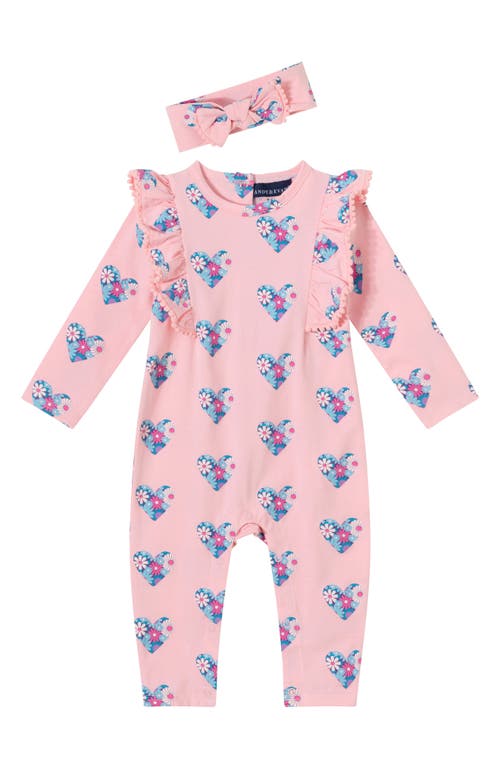 Shop Andy & Evan Heart Print Cotton Romper & Headband Set In Pink