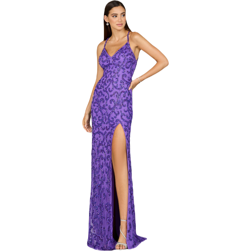 Lara New York Sultry Beaded Gown With Slit In Purple