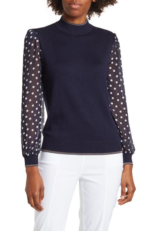 Shop By Design Leila Mock Neck Chiffon Sleeve Sweater In Navy Blazer W/polka Dot