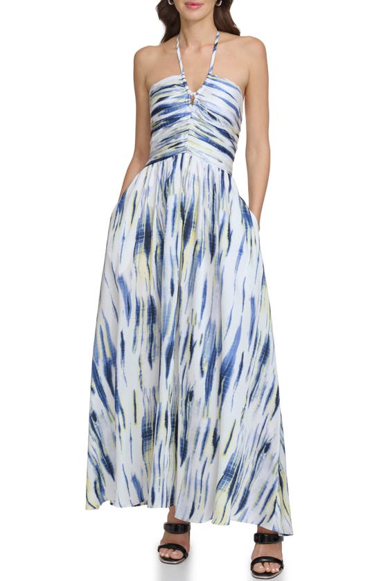 Shop Dkny Printed Halter Maxi Dress In White/ Inky Blue Multi
