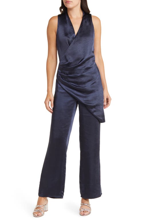 Nanci Overlay Satin Faux Wrap Jumpsuit in Navy