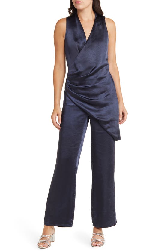 Shop Adelyn Rae Nanci Overlay Satin Faux Wrap Jumpsuit In Navy