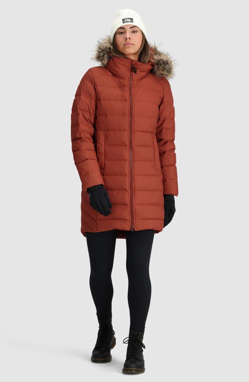 Shop Outdoor Research Coze Lux 700 Fill Power Down Parka With Faux Fur Trim Hood In Brick