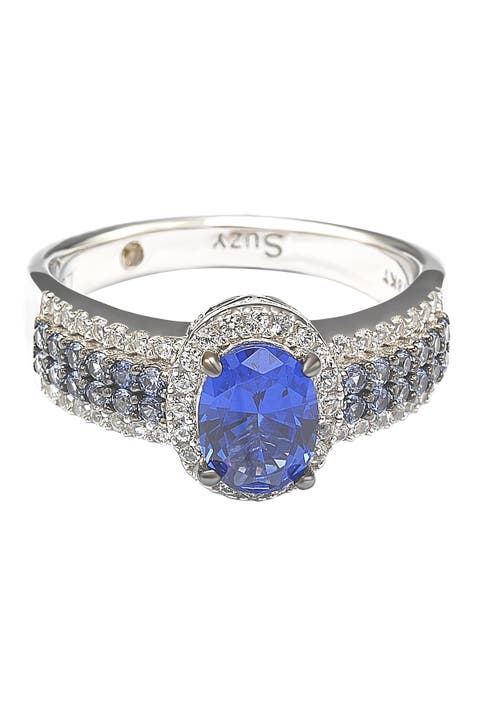 Sterling Silver Oval Sapphire & Pavé Sapphire Anniversary Ring