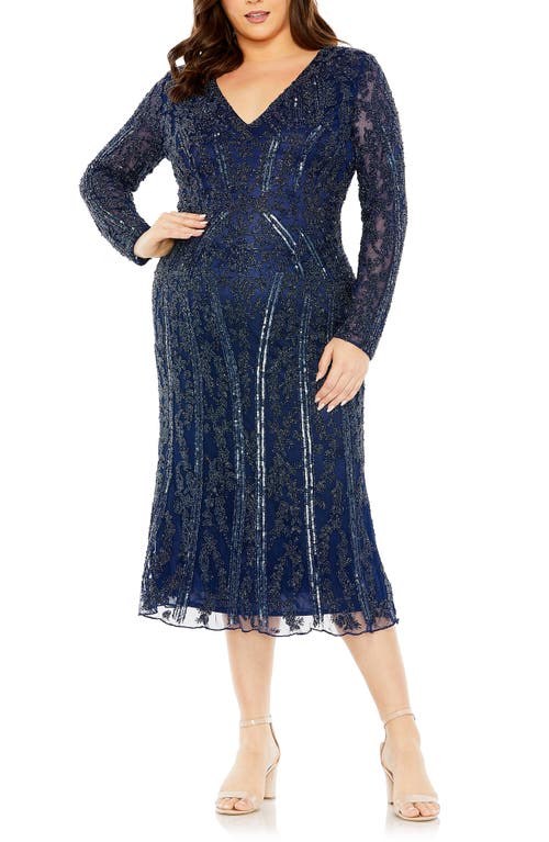 Embellished Long Sleeve Midi Cocktail Dress in Midnight