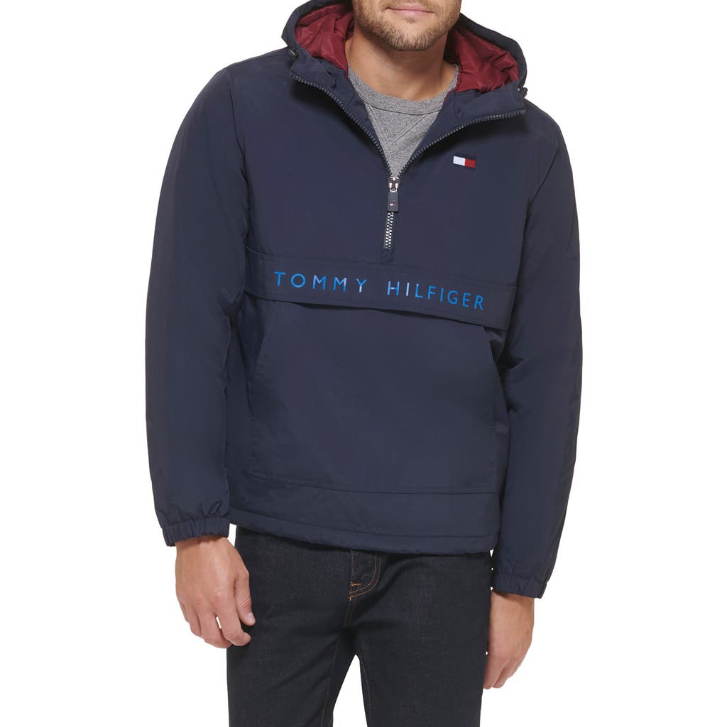Tommy Hilfiger Water Resistant Hooded Fleece Lined Anorak Jacket In Navy