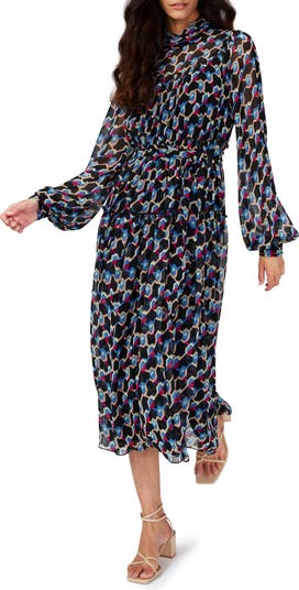 Navy Chain Print Kim Bell Sleeve Dress | SilkFred