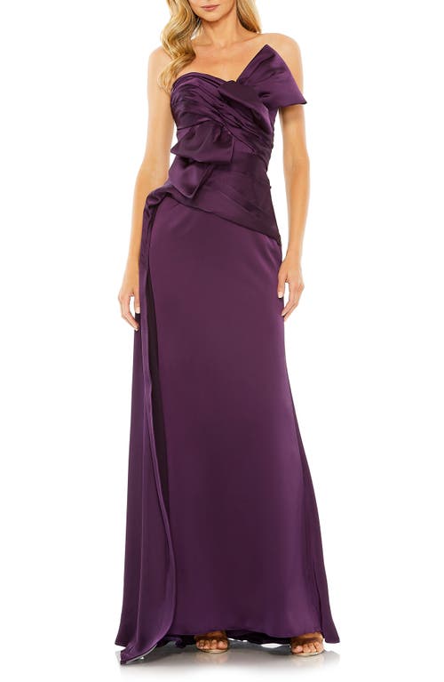 Mac Duggal Bow Front Strapless Satin Gown in Aubergine