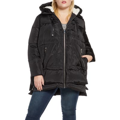 Plus Size Sam Edelman Faux Shearling Trim Hooded Puffer Jacket, Black