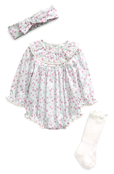 Petunia Print Cotton Bubble Romper, Headband & Socks Set (Baby)
