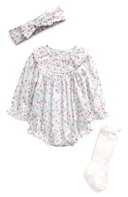 Little Me Petunia Print Cotton Bubble Romper, Headband & Socks Set Lavender at Nordstrom,