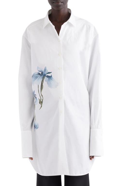Oversize Iris Print Cotton Button-Up Shirt in White