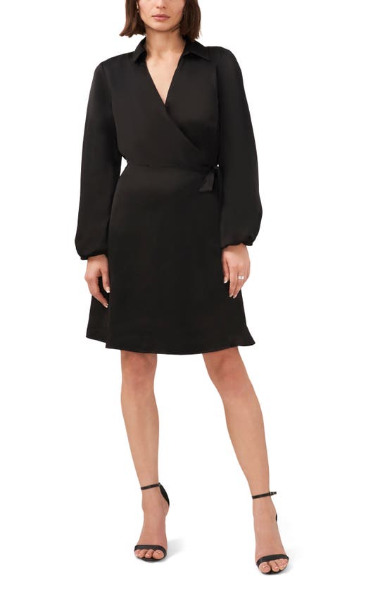 Halogen Long Sleeve Satin Faux Wrap Shirtdress In Rich Black