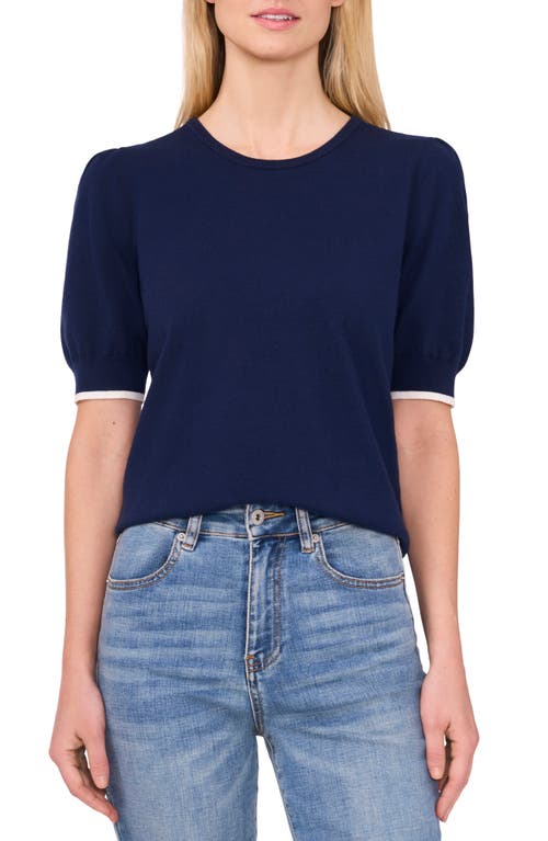 Cece Contrast Edge Puff Sleeve Cotton Sweater In Blue