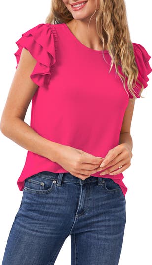Panhandle Women's Rose with Eyelet Ruffle Short Flutter Sleeve Top