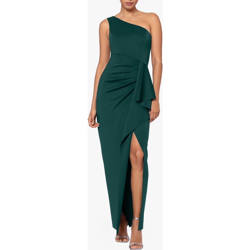 Xscape Evenings One-shoulder Ruffle Scuba Crepe Gown In Hunter