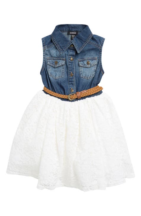 Kids' Sleeveless Belted Denim & Lace Dress (Little Kid)