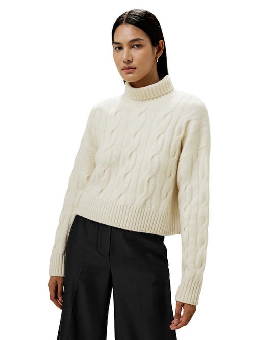 Shop Lilysilk Cable Knit Cashmere Turtleneck Sweater In White