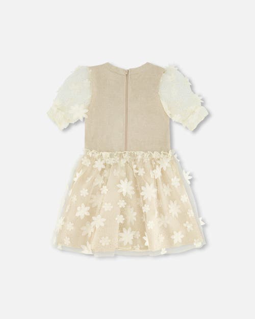 Deux Par Deux Girl's Elbow Sleeve Dress With Tulle Skirt Glittering Beige In Off White