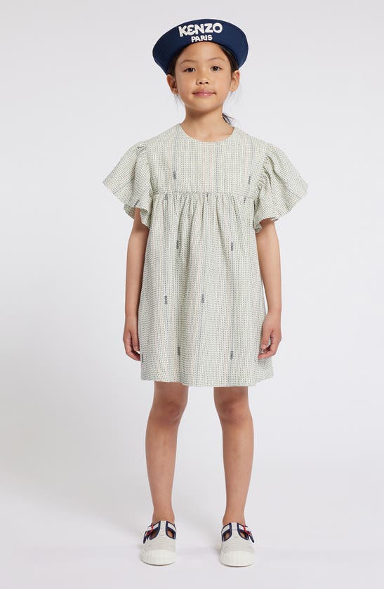 Shop Kenzo Kids' Flutter Sleeve Cotton Dress In Ivory/ Black