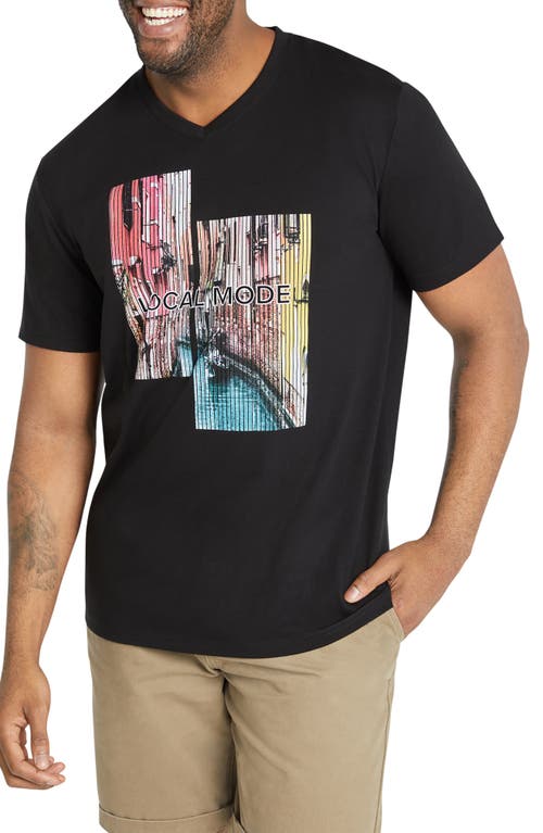 Venice V-Neck Cotton Graphic T-Shirt in Black