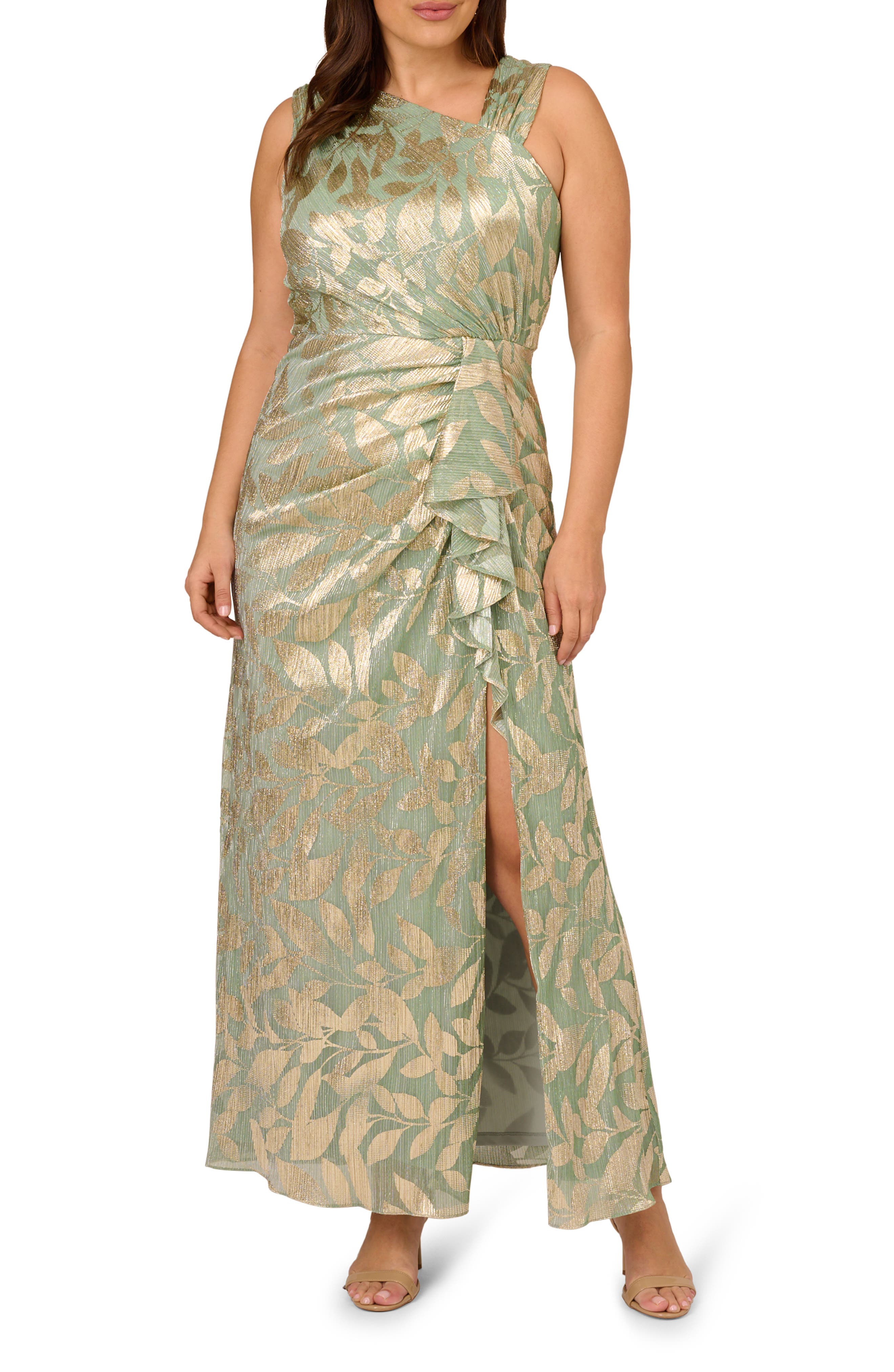 Adrianna Papell Asymmetric Metallic Foil Leaf Gown in Sage/Gold | Smart  Closet