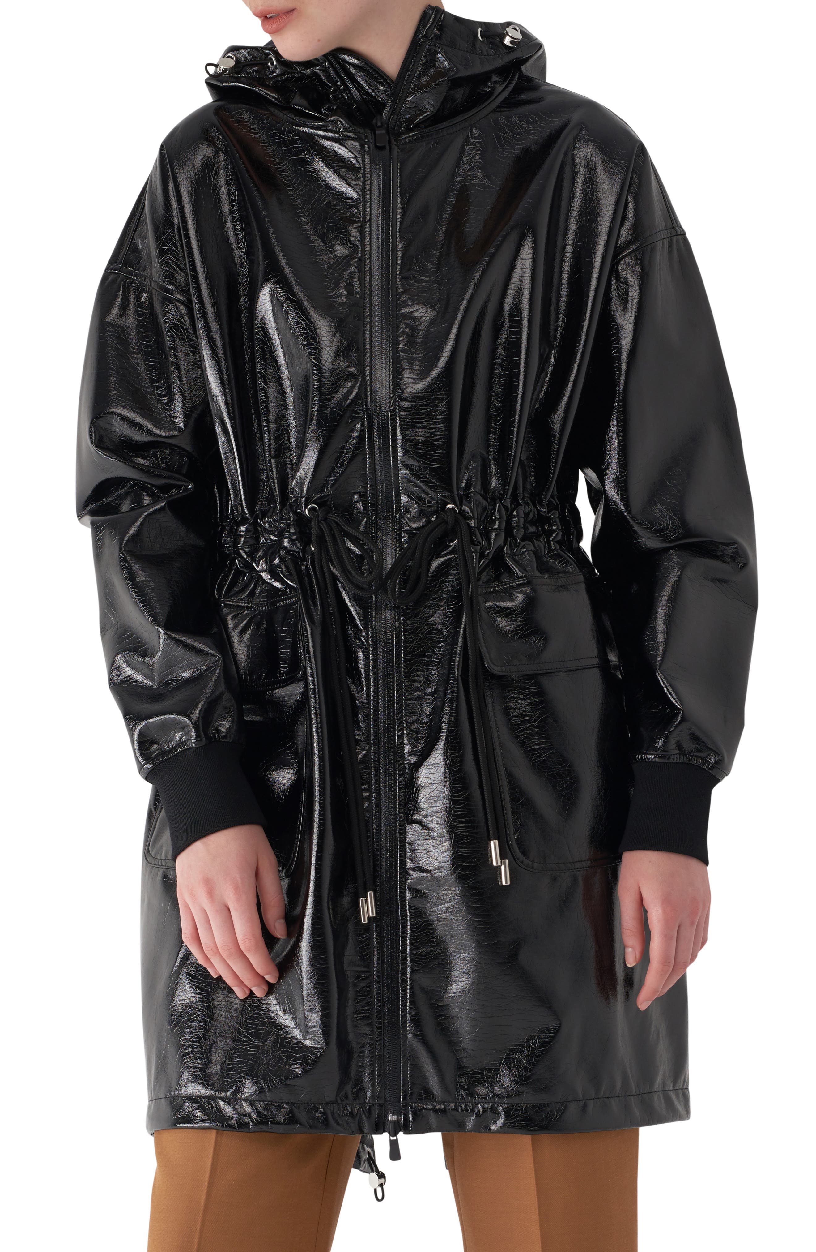 patent leather raincoat with hood