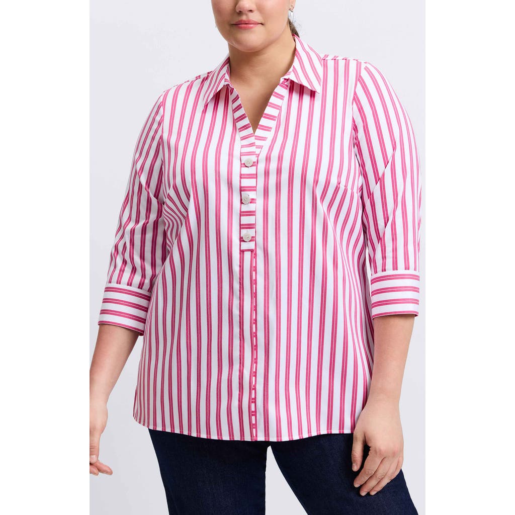 Foxcroft Pamela Stripe Cotton Blend Tunic Shirt In Ruby Pink/white