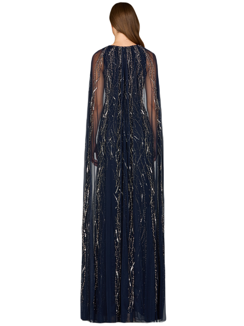 Shop Lara New York Elegant Beaded Dress With Long Cape In Navy