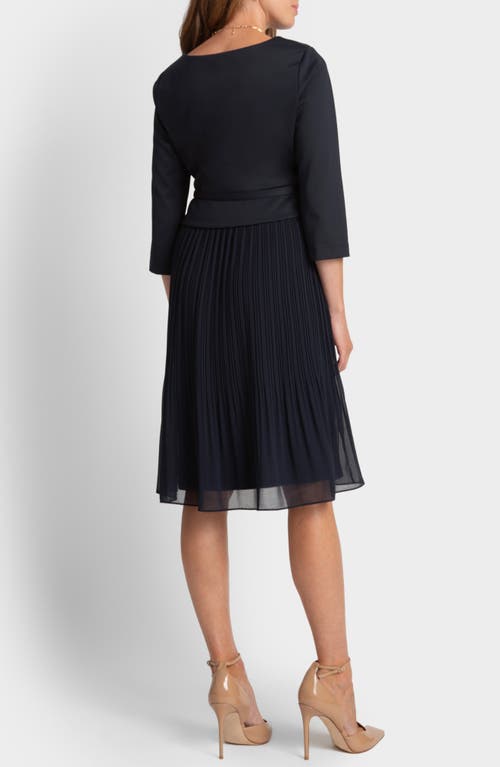 Shop Seraphine Belted Three-quarter Sleeve Stretch Mixed Media Maternity A-line Dress In Navy